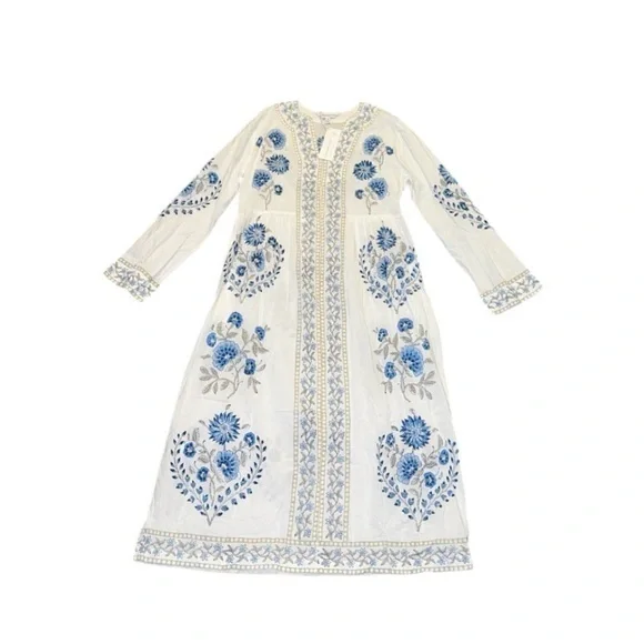 NWT The Company Store Voile Printed Blue & White Caftan Dress XS‎ - Picture 2 of 12